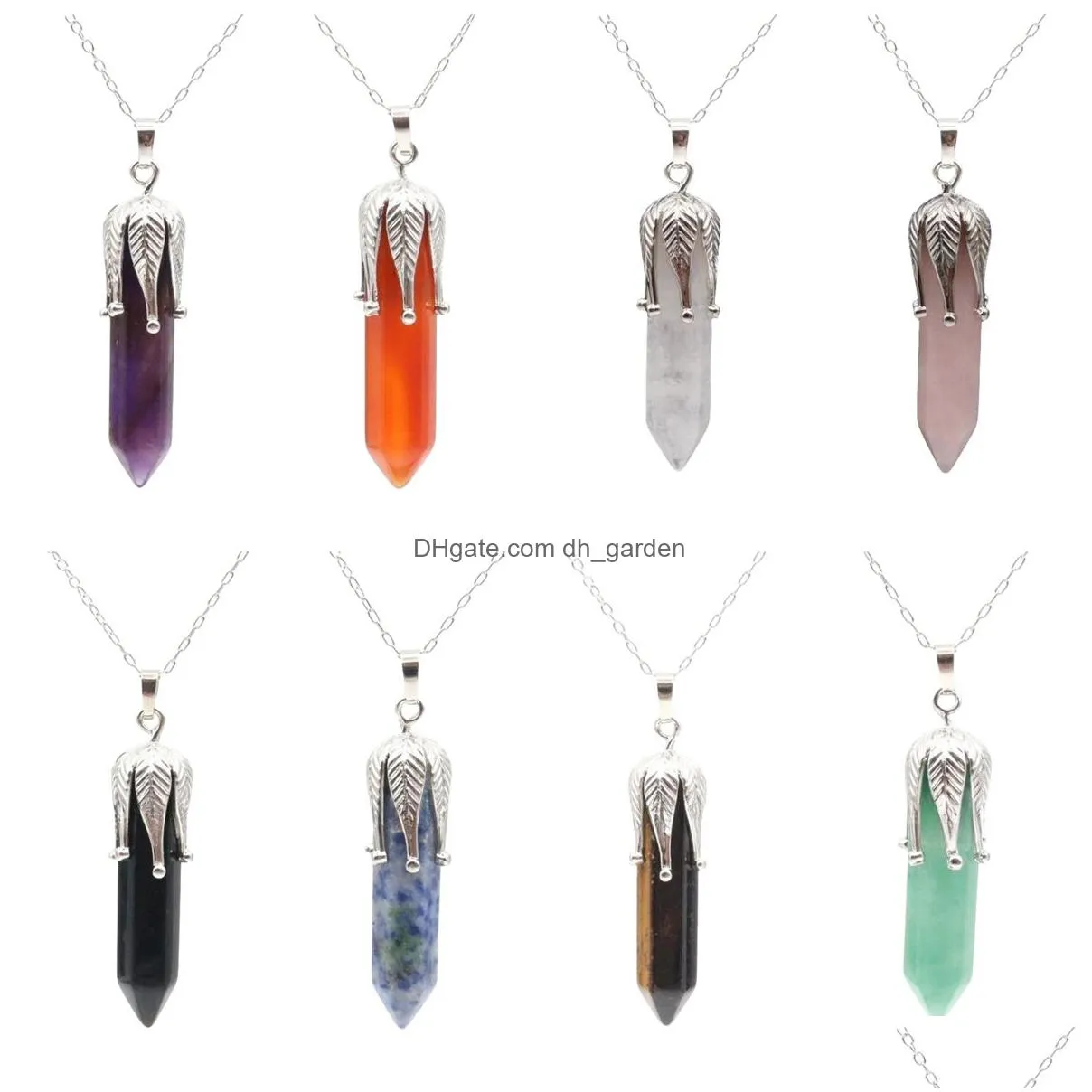 natural gemstone chakra spitutal crystal pendants wrapped healing stones hexagonal column pendant point bullet necklace jewelry