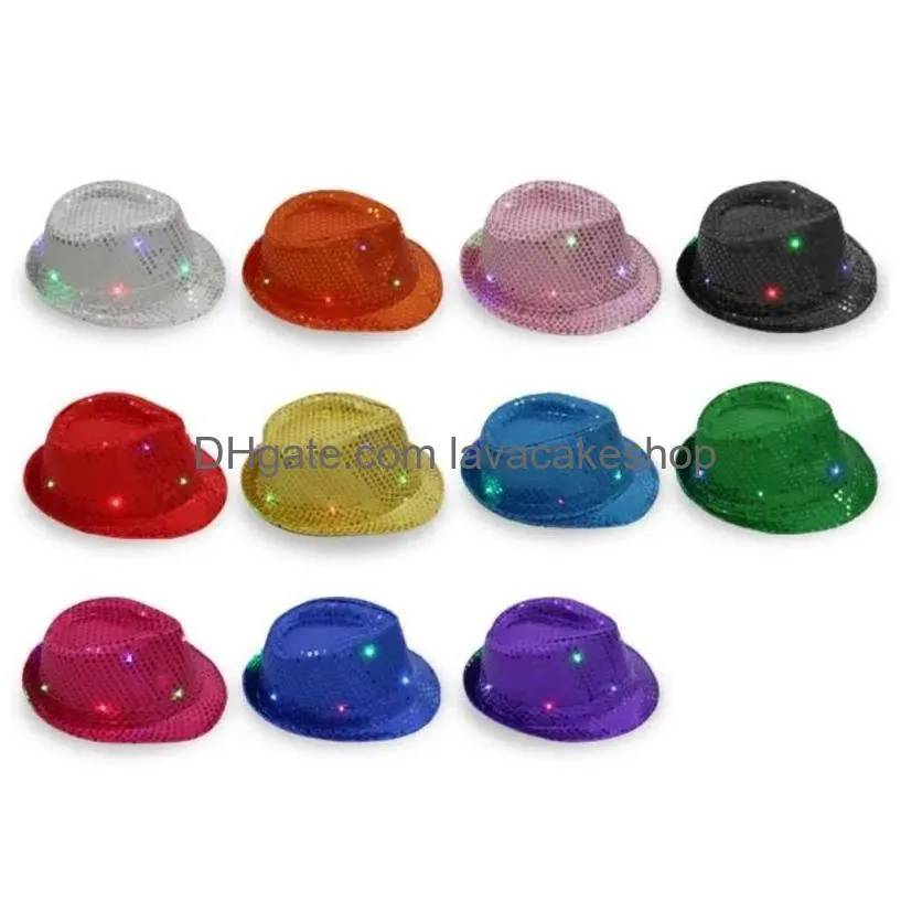 led jazz party hats flashing light up led fedora trilby sequins caps fancy dress dance party hats unisex hip hop lamp luminous hat