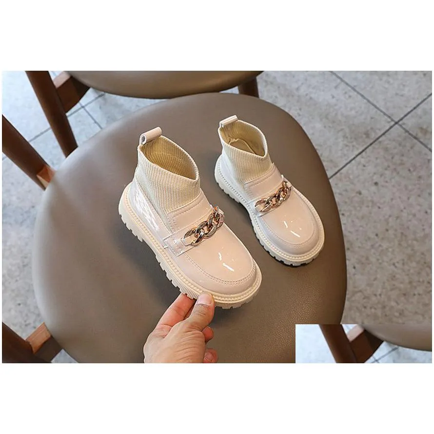 kids shoes ankle knit patent leather boots boy girl school uniform dress shoe child flat metal buckle british style boot 26-36