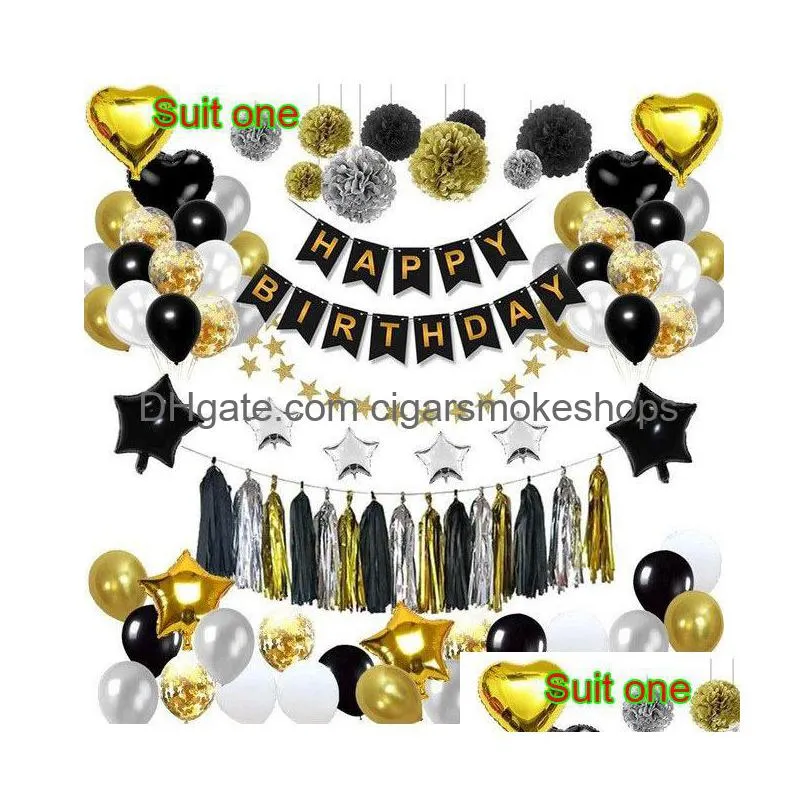 partypalooza birthday decoration kit - balloon flag, tassel & flower set w/ star balloons, black/gold theme - free ems shipping