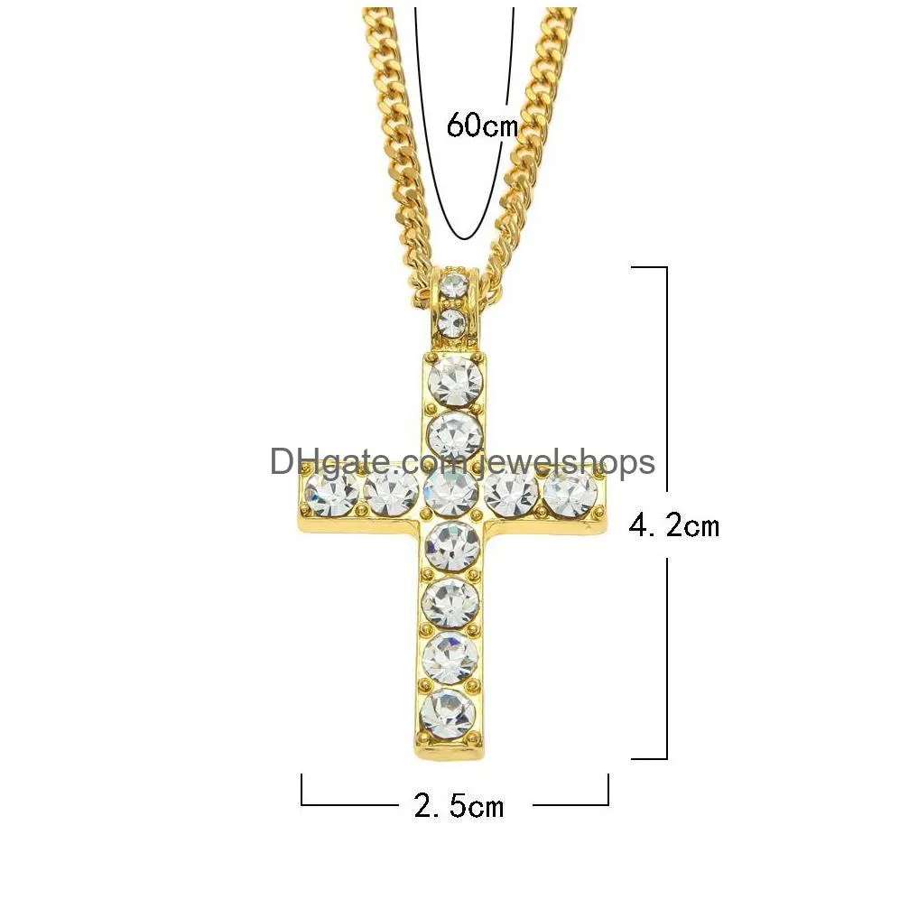hip hop iced out cross pendant necklace crystal rhinestone religion jesus crucifix charm gold silver cuban link chain for men s