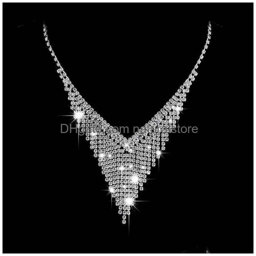 fashion women crystal bride necklace earring jewelry set rhinestone silver-plated wedding dress banquet ladies gift