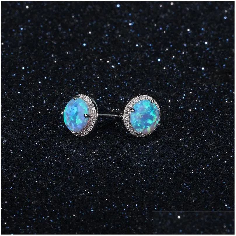New Simple 925 Sterling Silver Stud Earrings Round Blue Fire Opal Earrings with Cubic Zirconia Wedding Jewelry Gift