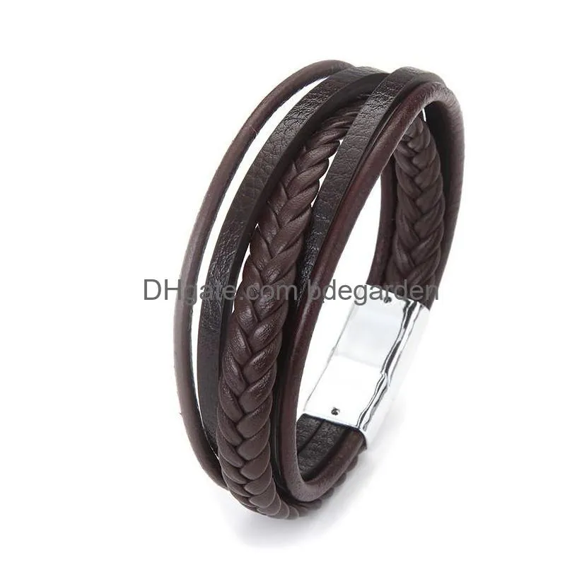 new classic multi layer leather bracelet for men vintage braided rope wristband magnetic clasp mens fashion jewelry gift