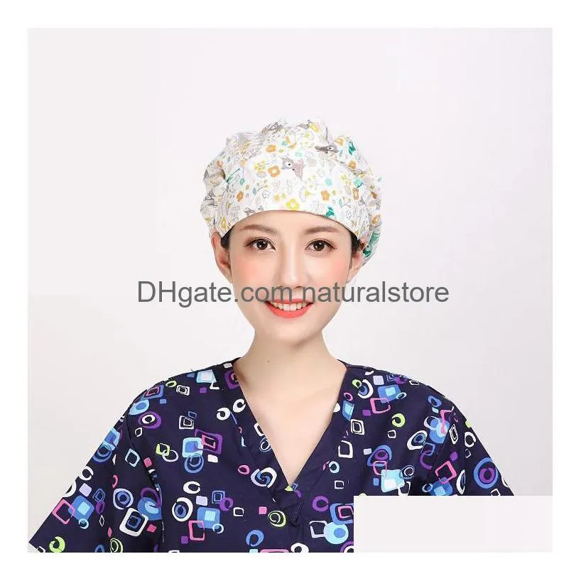 cotton scrubs beanie caps west-absorbent elastic section pet grooming nursing work hats lab flower print scrub hat