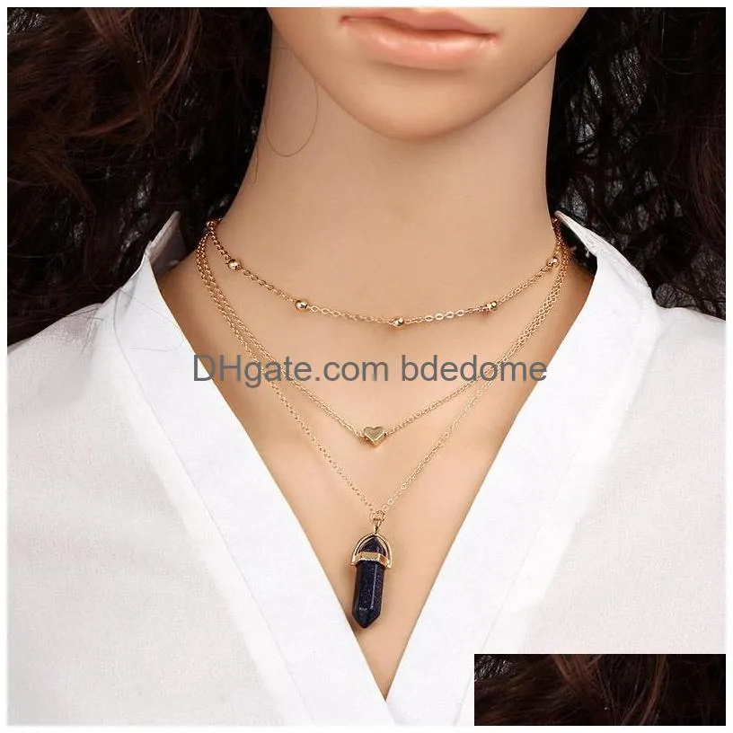 new boho women`s layered necklaces gold love heart natural stone crystals hexagonal prism bullet quartz point pendant for fashion