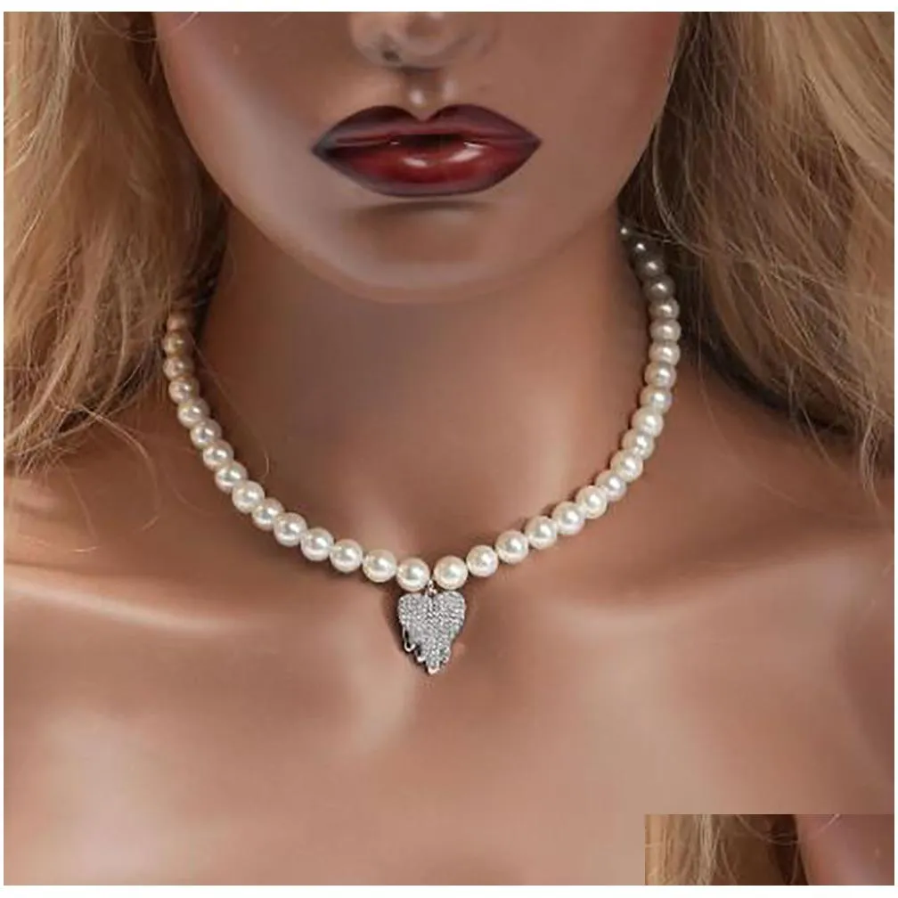 drip heart pearl pendant necklace ladies` fashion accessories cubic zirconia simulated diamonds charms