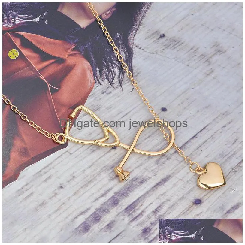 fashion simple heart stethoscope necklaces for women doctor nurse medical pendant gold silver chain jewelry gift