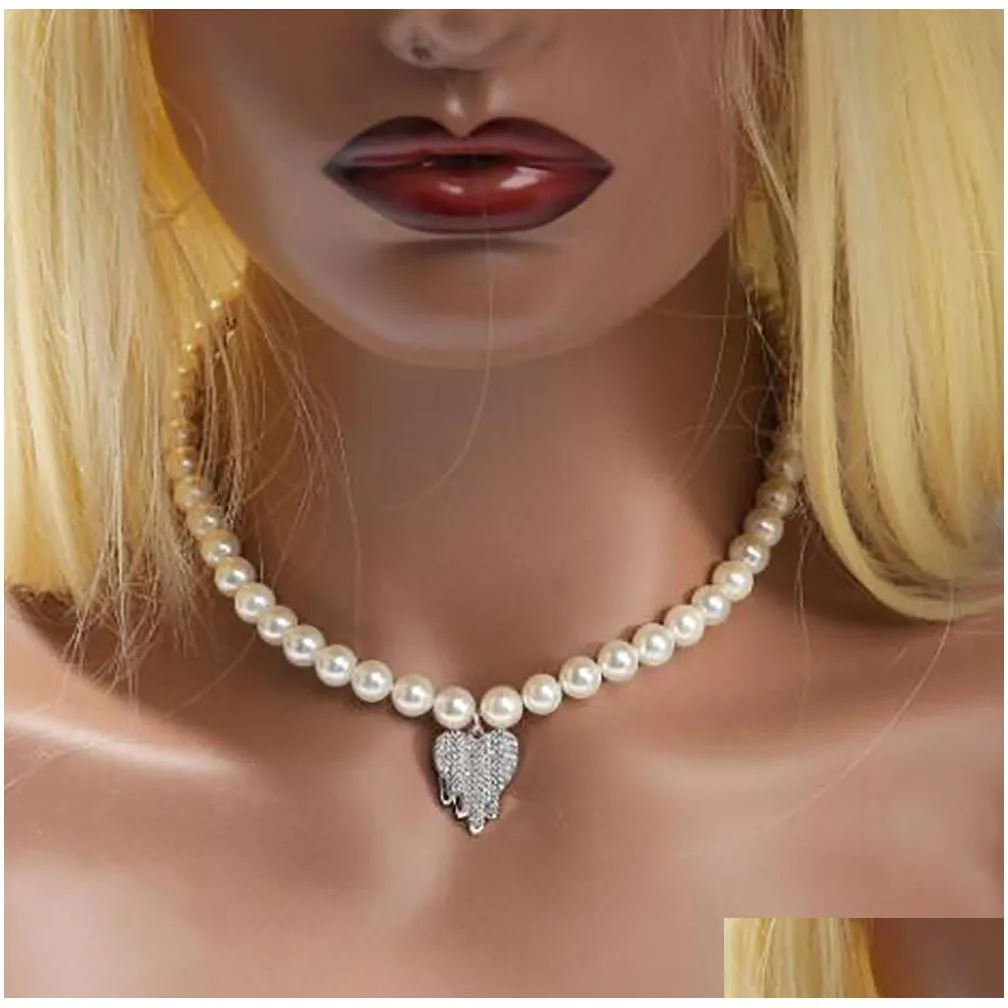 drip heart pearl pendant necklace ladies` fashion accessories cubic zirconia simulated diamonds charms