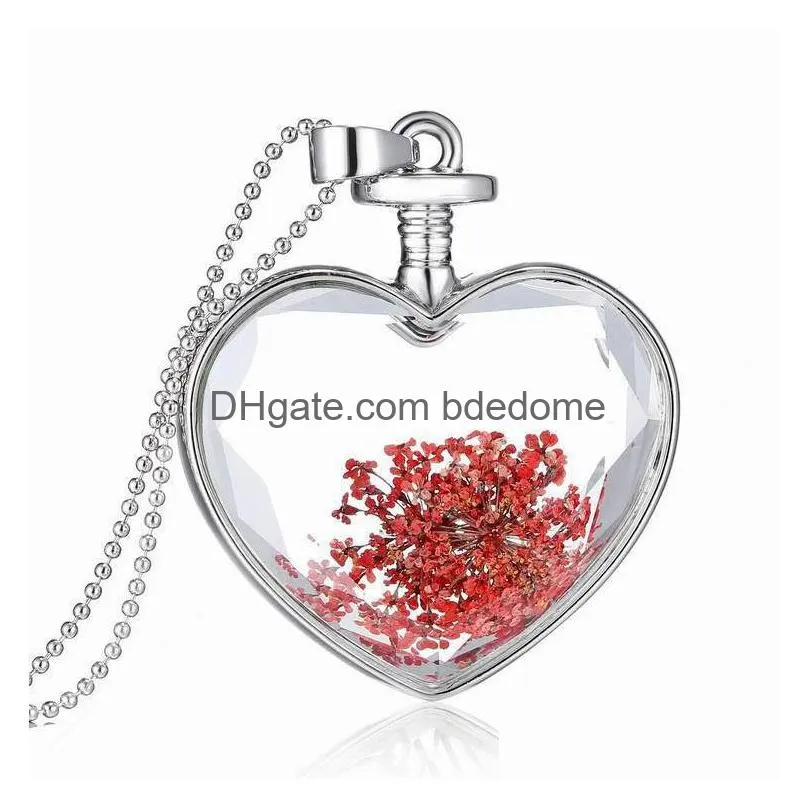 fashion dried flowers plant specimen bottle glass necklaces & love heart pendants for women glass bottle locket party jewelry