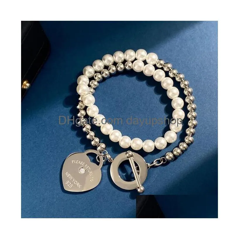 luxury letter love heart necklace bracelet stainless steel design ot button necklace double pearl steel bead diamond heart clavicle chain bracelet with