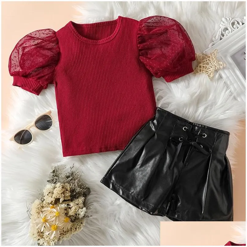 New girls two piece set designer kids clothes Stripe Spliced Mesh Sleeve Top and PU Lace up Shrink Rib kid sets European and American Style childrens