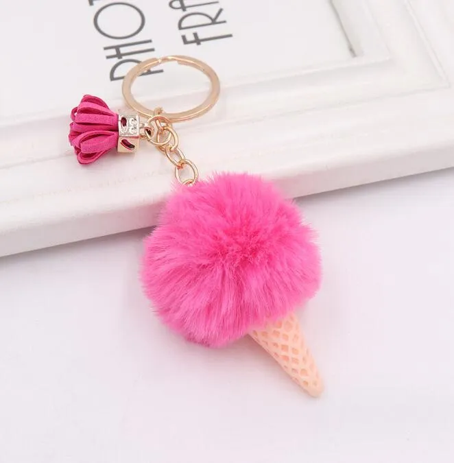 Faux Fur Ice Cream Pendant Key chain Cute Cartoon Keychains Plush Furry Bags Hang Cone CarTassel Keyring Creative Gift