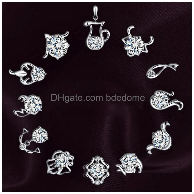 luxury twelve constellations silver plated stud earrings cz cubic zirconia diamond zodiac earrings for women ladies fashion jewelry