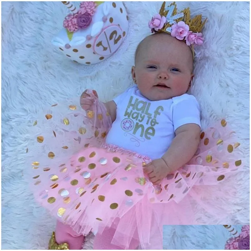 Half Way To One Birthday Party Dress Tutu Cake Outfits Infant Baby Girls Pink Cute Set Summer Short Sleeve Clothes Suit 0-12M1