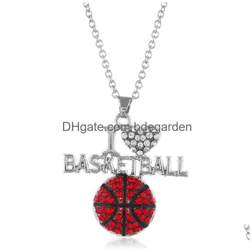 new i love volleyball necklaces crystal letter heart basketball football pendant silver chains for women fashion sports jewelry gift