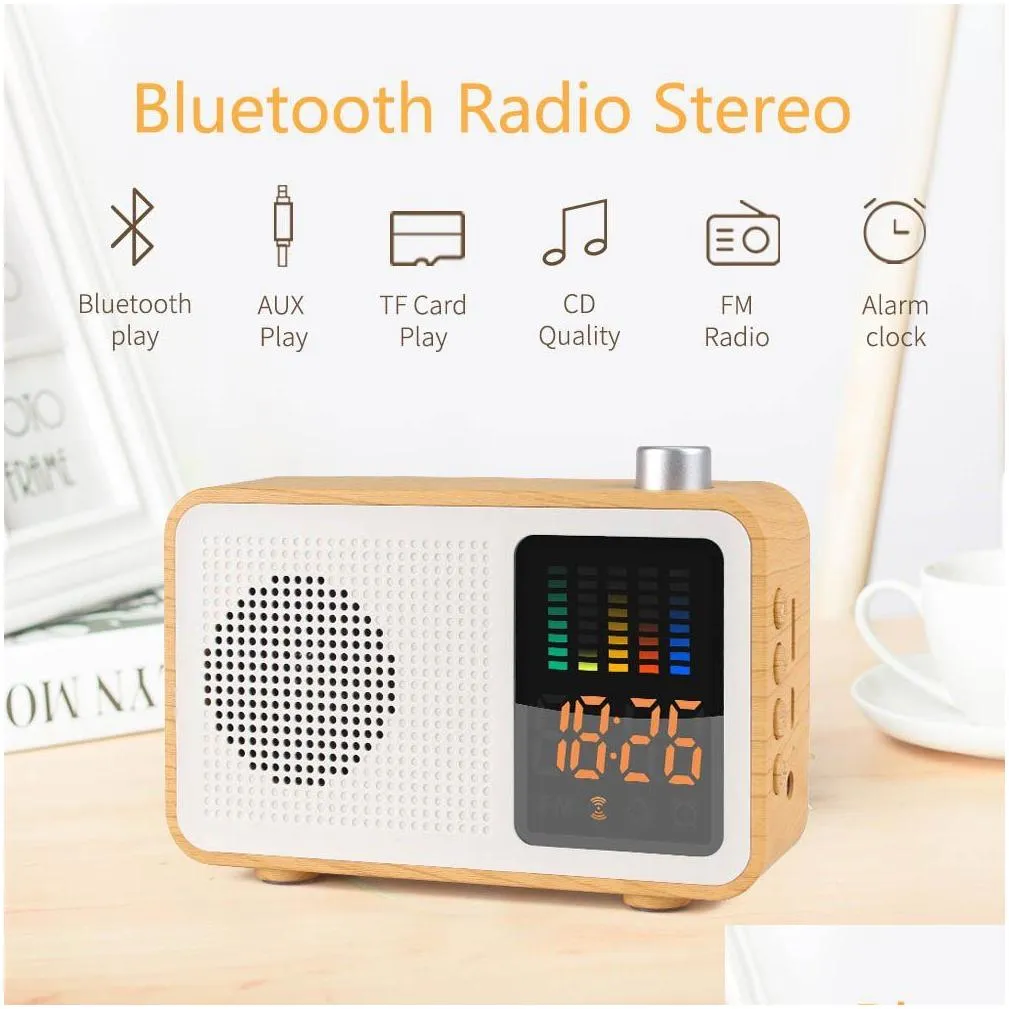 Wooden Retro Stereo Bluetooth Speaker with FM Radio Digital Alarm Clock Supported TF Card/AUX-in LED brinking tone Music box radio