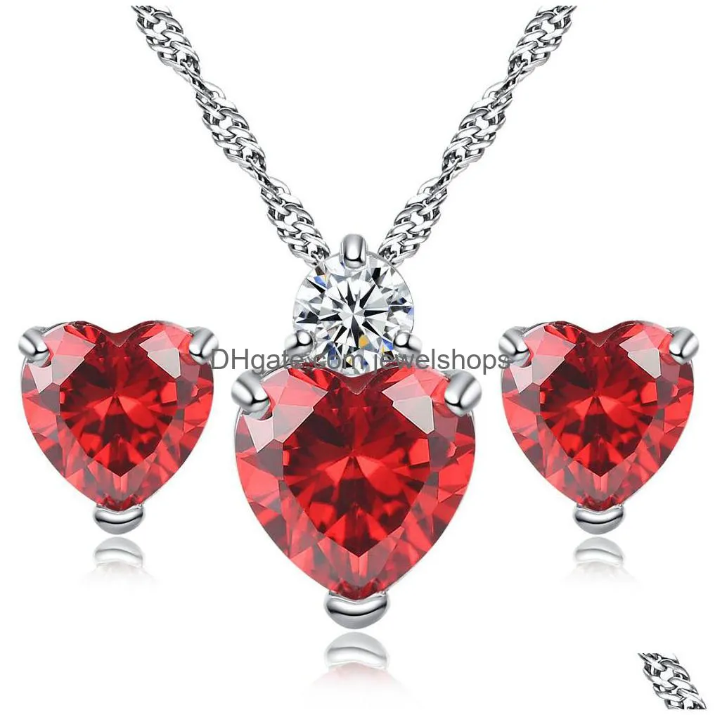 high quality cz heart necklace stud earrings sets crystal rhinestone love pendant charm sterling silver chain for women fashion