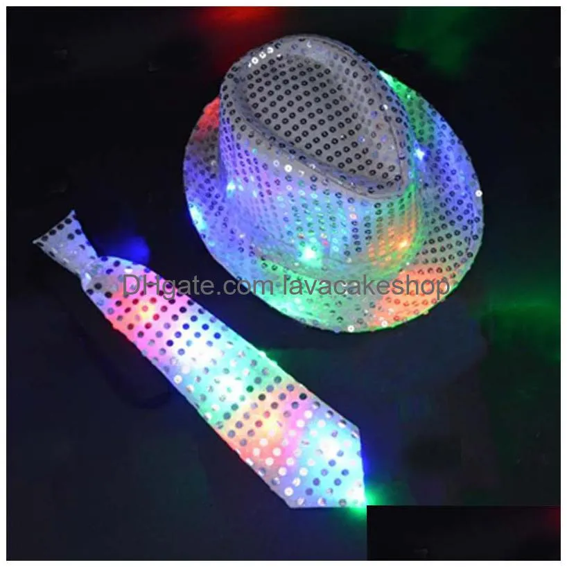 fashion kids adult led light up tie sequin jazz fedora hat flashing neon party gift costume cap birthday wedding carnival