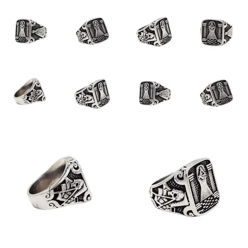 ancient style stainless steel masonic free mason rings religious retro antique triangle freemason masonary skeleton skull ring jewellery for