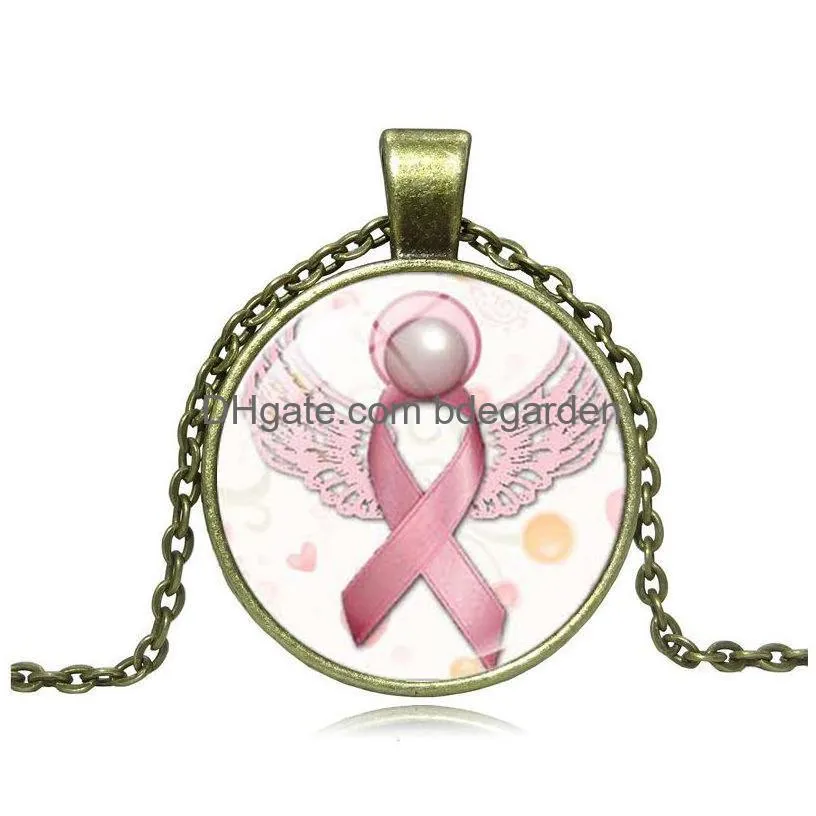 new arrival pink ribbon glass gemstone pendant necklaces breast cancer awareness necklace for women&men`s fashion jewelry