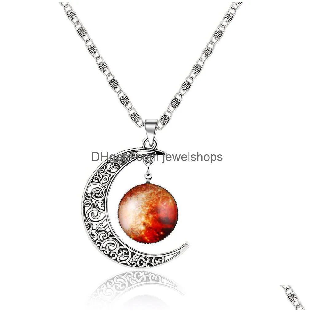 fashion galaxy planet pendant necklaces moon cabochons glass world starry space moonstone charms necklace for women`s choker jewelry