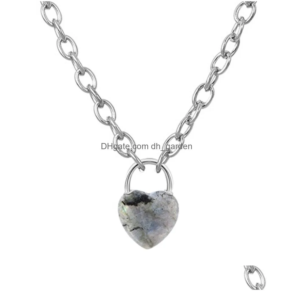 good quality natural crystal gemstone love heart lock charm pendant necklace with alloy chain for men and women