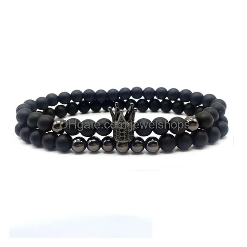 6mm crown king charm strands beads bracelet set for men women black natural stone beads elastic adjustable bangle couple jewelry gift