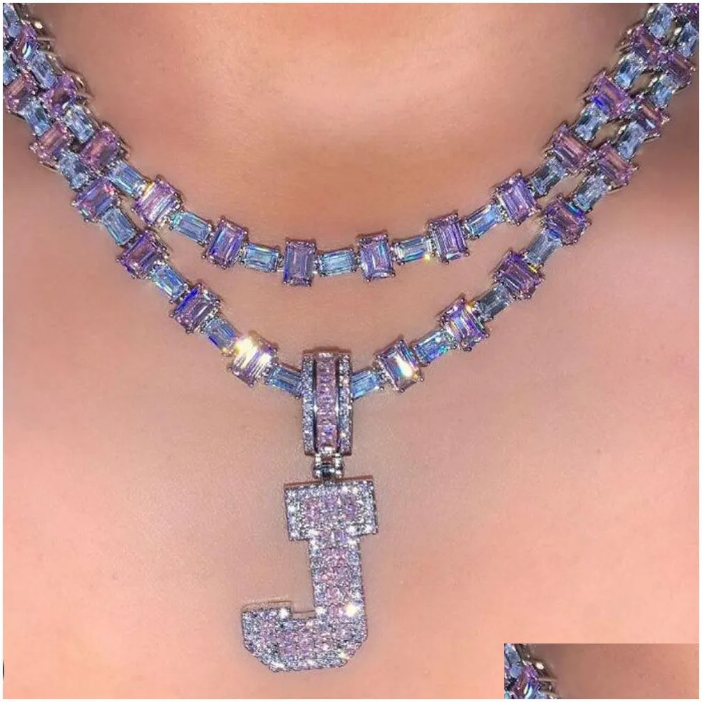 14k a-z baguette initial letters emerald cut tennis chain charm men` women zircon hip hop jewelry with 6.5mm 18inch necklace