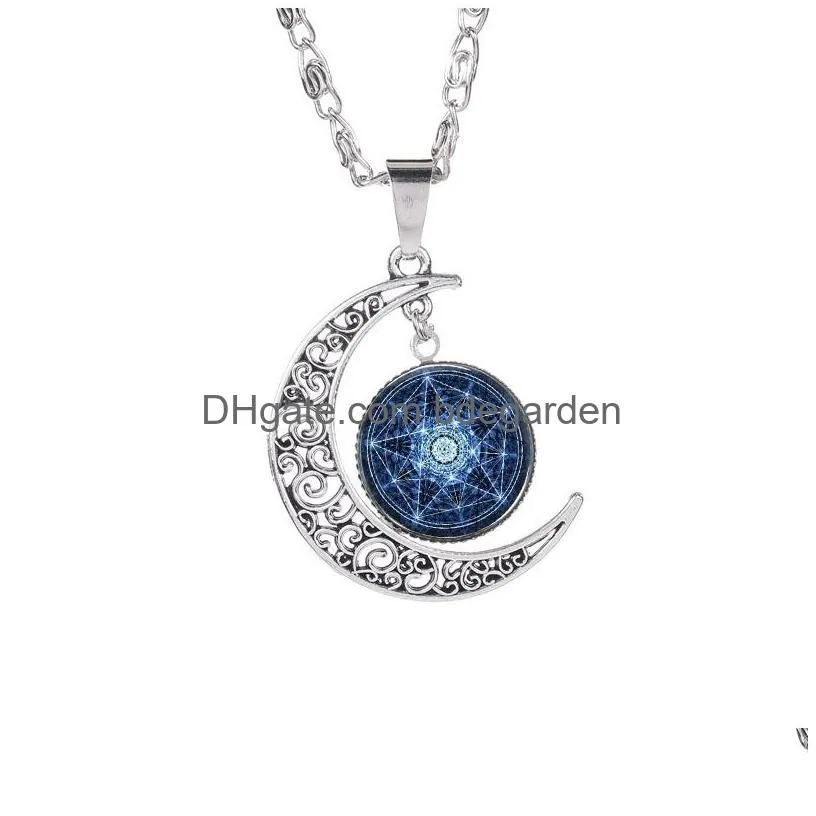 new five-pointed star pendant necklaces hollow moon cabochons glass moonstone pentagram necklace for women&men witchcraft jewelry