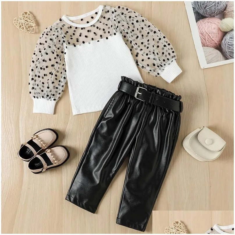 New baby girl clothes two piece set Dot designer kids clothing Spring and Autumn childrens Mesh Puff Sleeve Top and PU Leather trousers