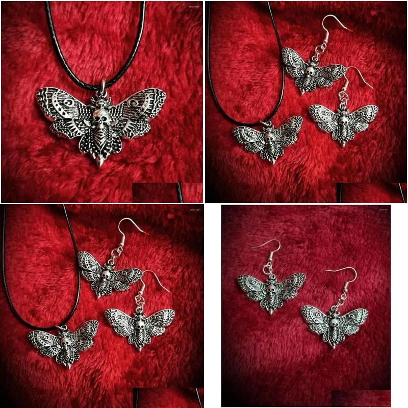 Necklace Earrings Set Death`s Head Hawkmoth Deathhead Moth Pendant Gothic Skull Jewelry