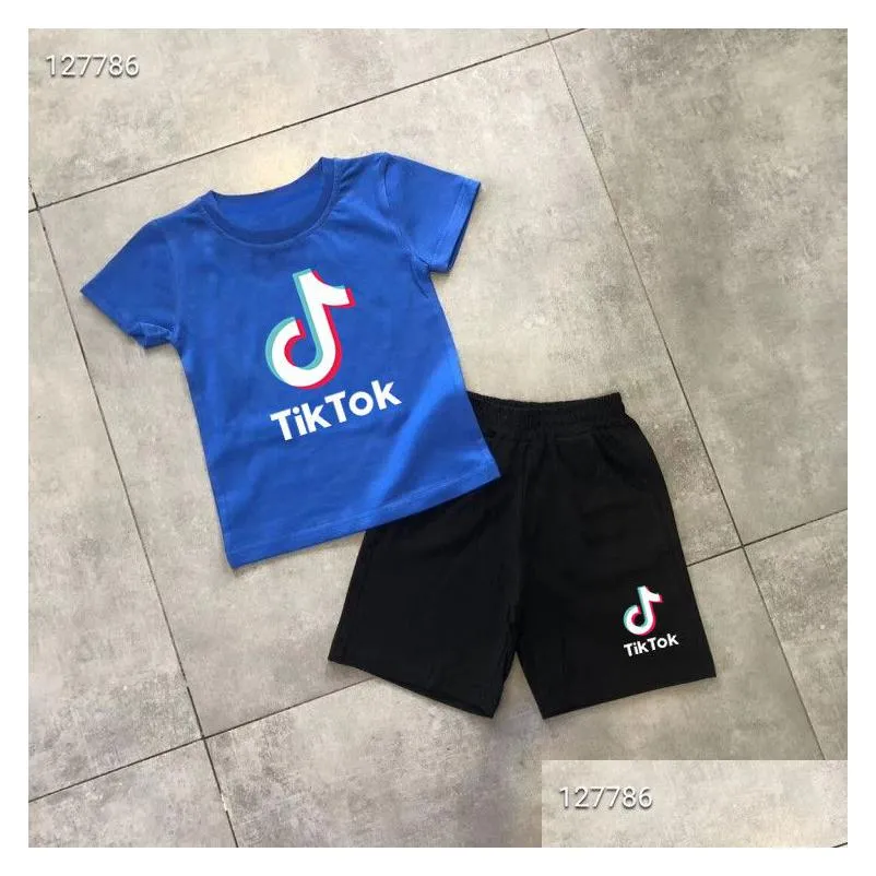 children`s clothing sets boys gril summer clothes tik tok printing short sleeve+shorts