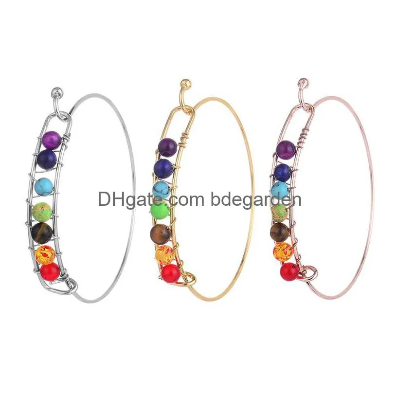 yoga 7 chakra wire bracelet for women silver gold natural stone bangle beads reiki spiritual buddha mens fashion jewelry drop ship