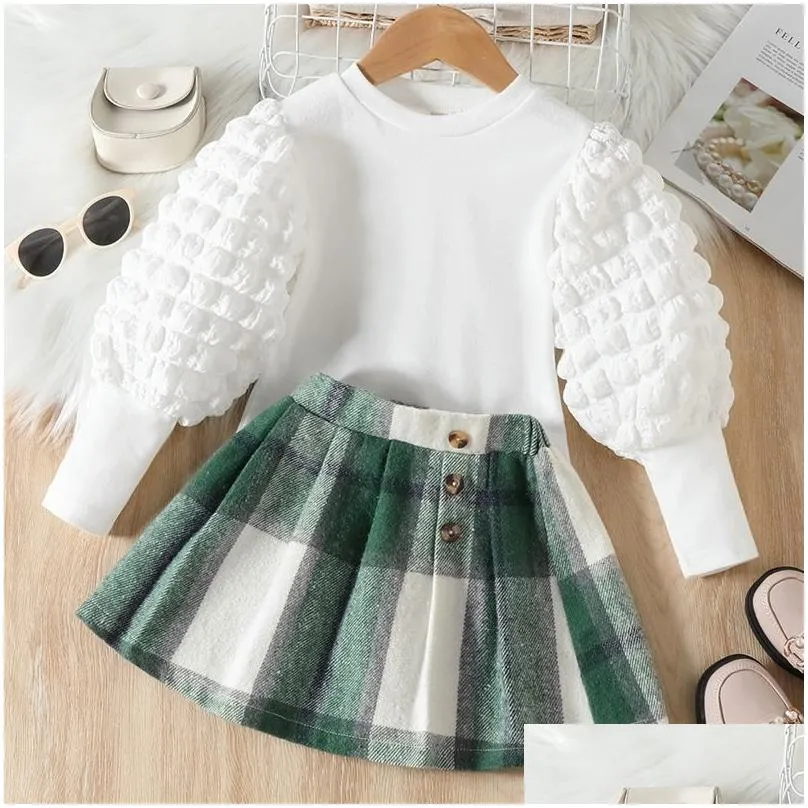 New girls` skirt two piece set designer kids clothes bubble sleeve top woven plaid kirt shorts set European and American style childrens