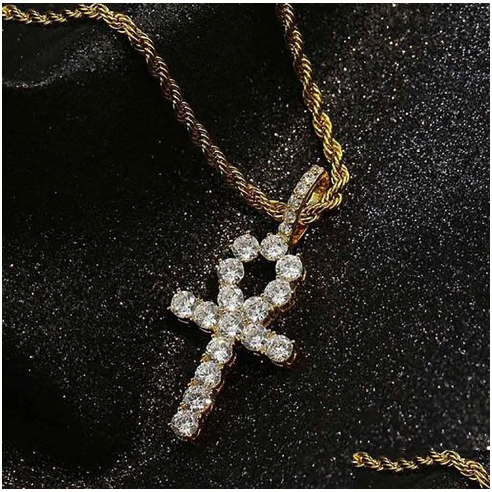 hiphop iced rose gold ankh egyptian pendant diamond cross necklace for men women jewelry with 24inch rope chain