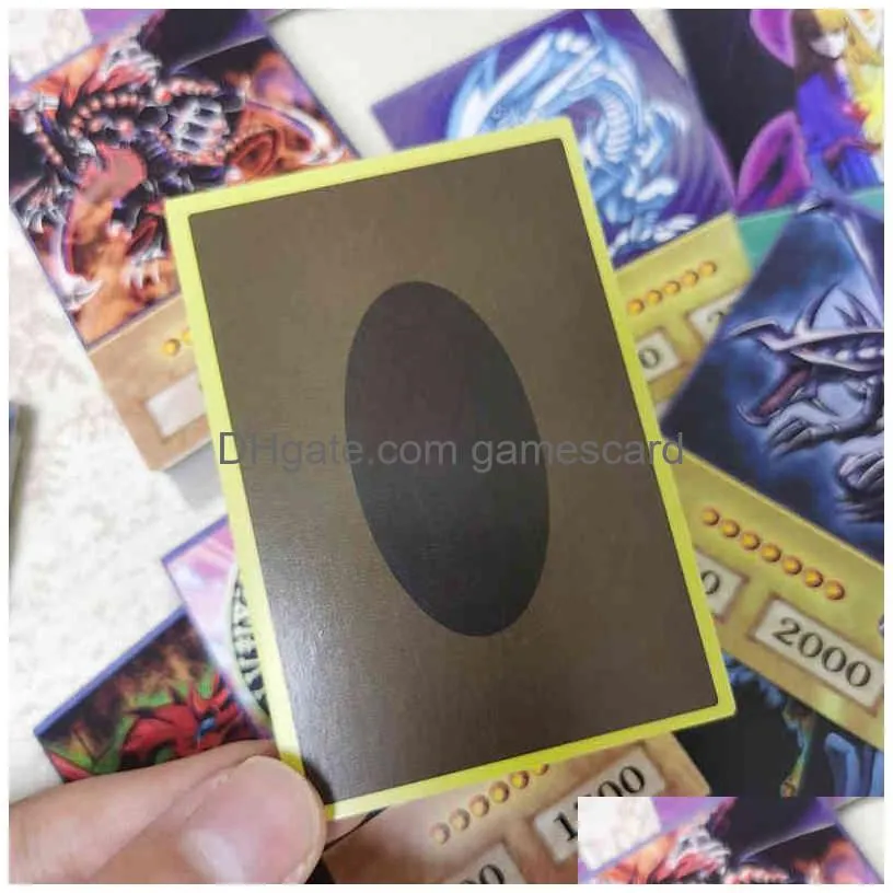 100pcs yu-gi-oh anime style cards blue eyes dark magician exodia obelisk slifer ra yugioh dm classic proxy diy card kids gift g220311