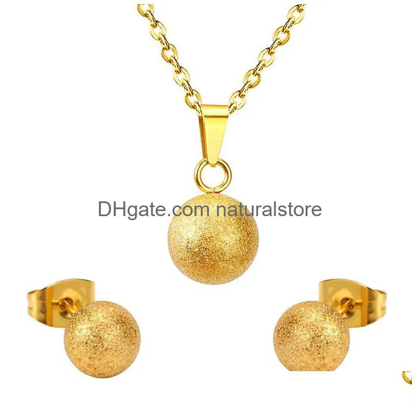 gold silver ball round stainless steel wedding jewelry set women party pendant necklace earrings sets