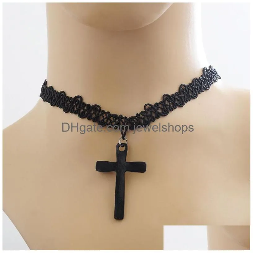 hot selling jewelry for women choker handmade vintage stretch tattoo lace choker necklaces gothic punk elastic cross pendant necklaces