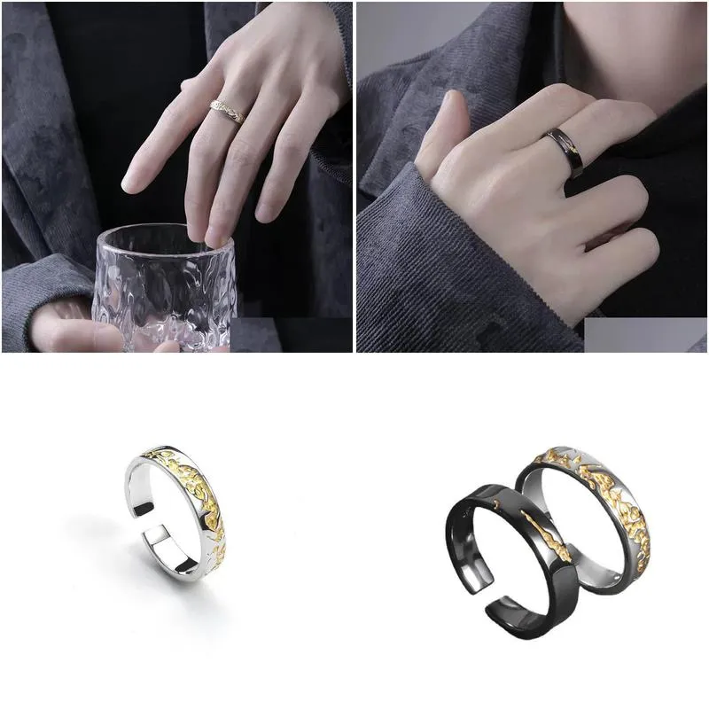 lover`s irregular textured cluster nugget ring gold black diamond cutting iced baguette deposited couple band rings jewelry