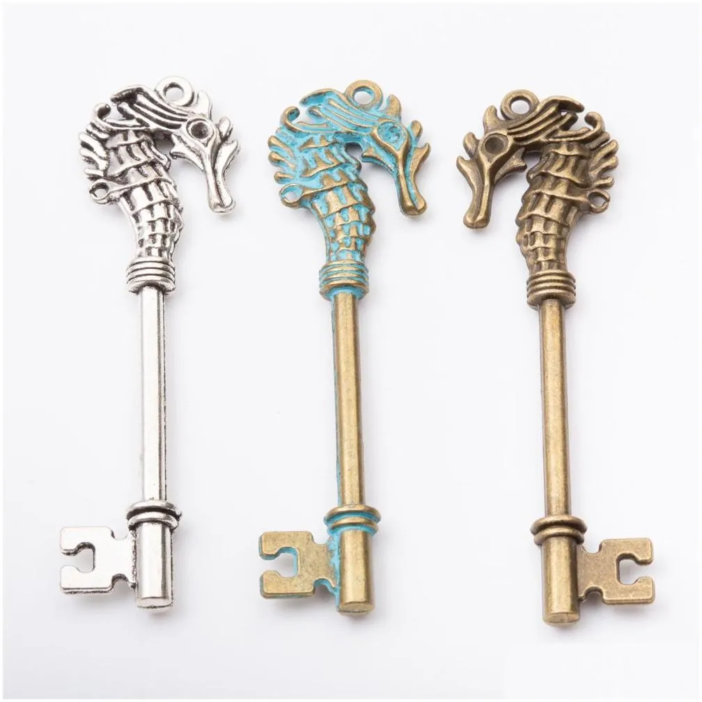 20pcs 71*20MM Vintage silver blue zinc plated seahorse key charms antique bronze key pendants for bracelet earring diy jewelry