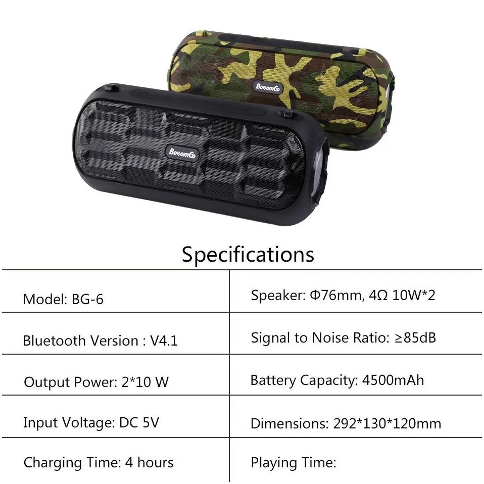 BooomGo Portable Wireless Waterproof Bluetooth Speaker BG-6 German music war drum Outdoor heavy bass Aux USB TF card slot FM radio