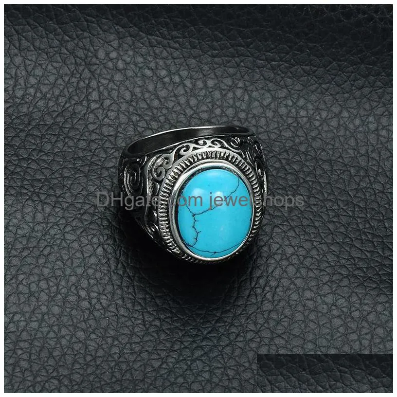 mens turquoise crack stone rings vintage retro stainless steel natural stone carved finger rings for boys fashion punk jewelry