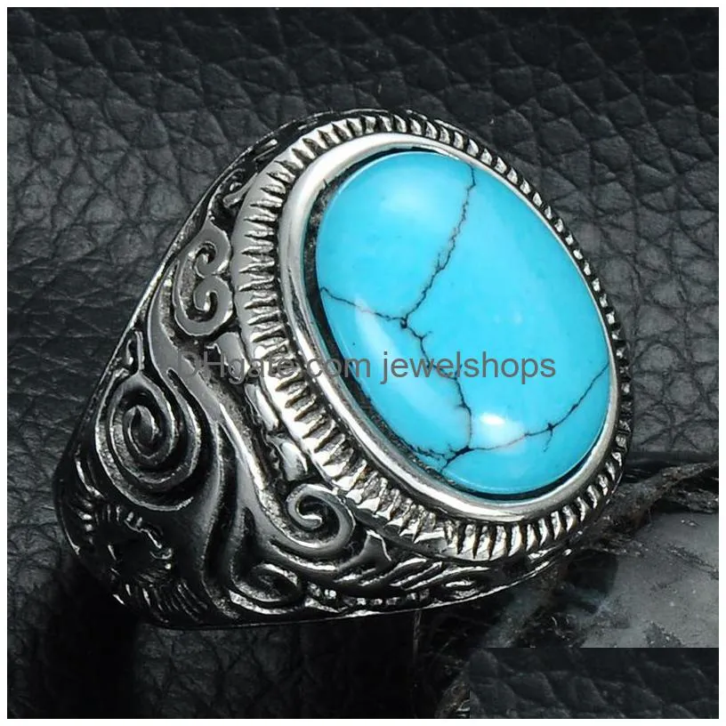 mens turquoise crack stone rings vintage retro stainless steel natural stone carved finger rings for boys fashion punk jewelry