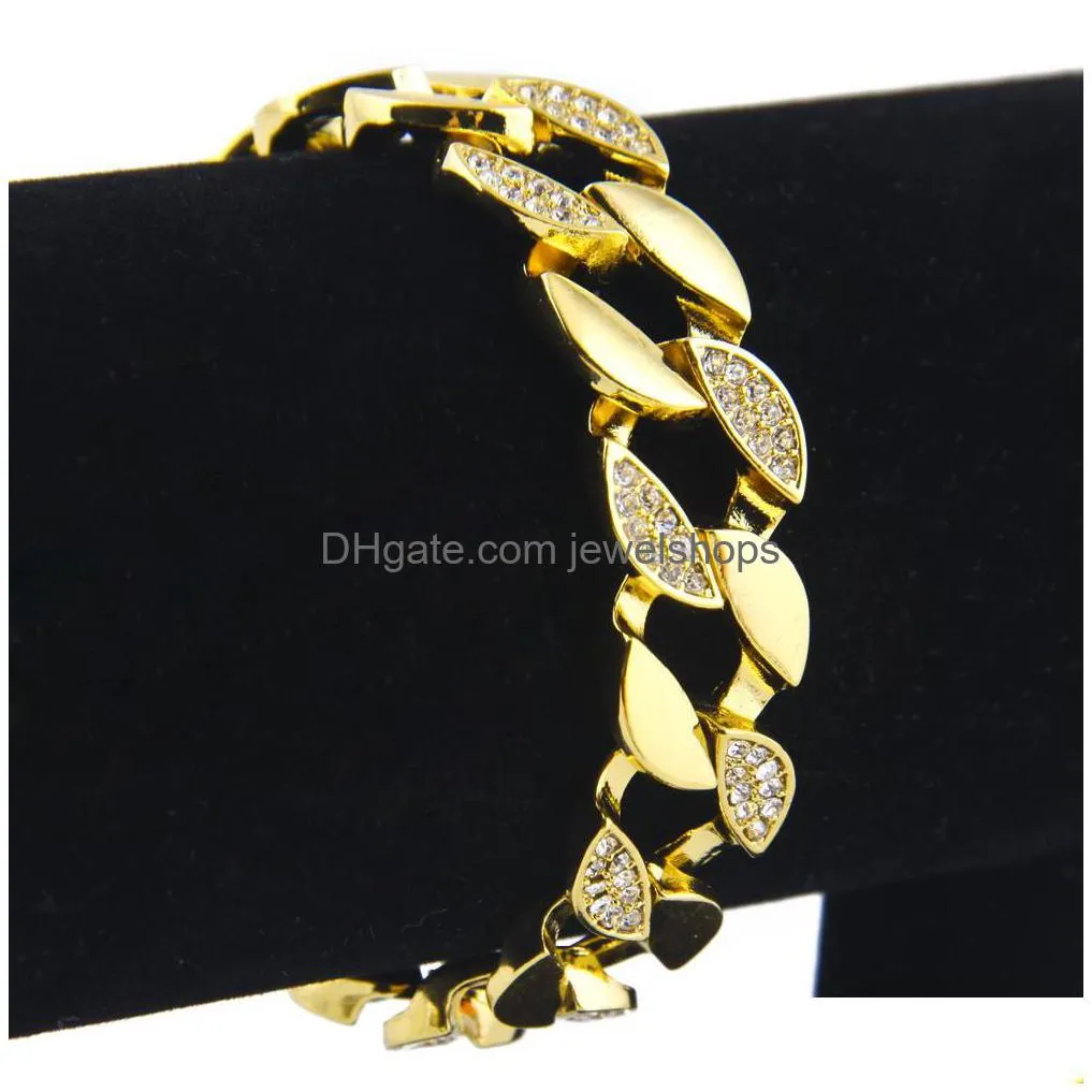 hip hop jewelry men`s iced out bracelets luxury simulated half diamond bangles gold filled  cuban link chain for mens fashion