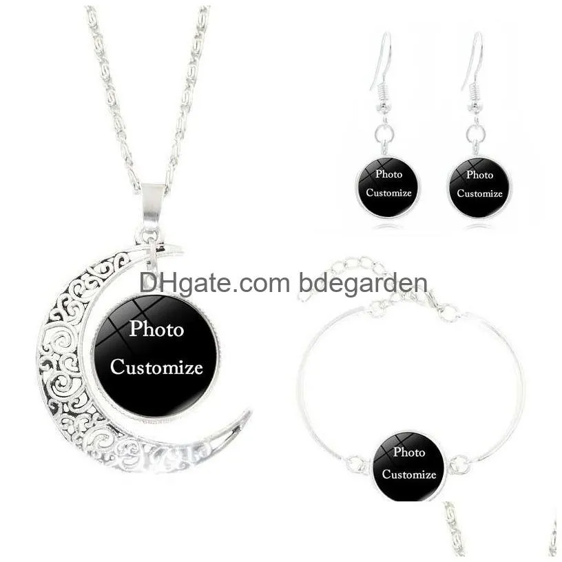 personalized custom made photo medallions jewelry set glass cabochon pendant moon necklace stud dangle earrings bracelet bangle fashion
