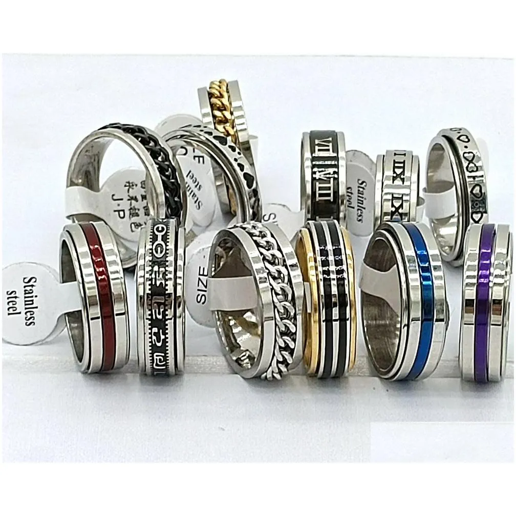 30pcs/lot Design Mix Spinner Ring Rotate Stainless Steel Men Fashion Spin Ring Male Female Punk Jewelry Party Gift Wholesale lots