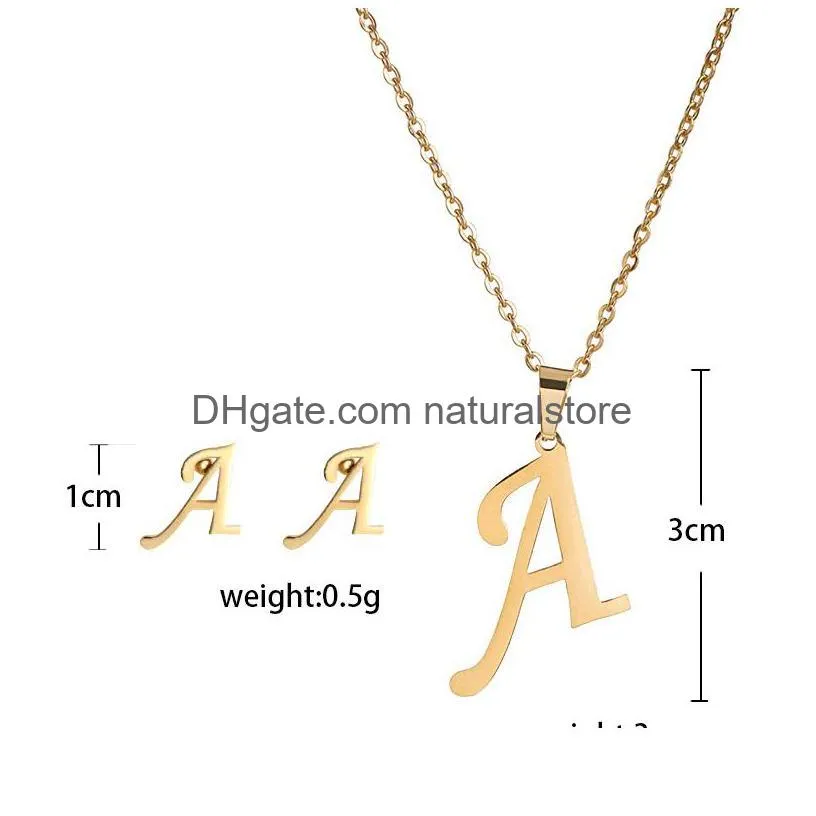 a-z english alphabet stainless steel initial necklace stud earrings jewelry sets alphabet pendant chain letter accessories gifts