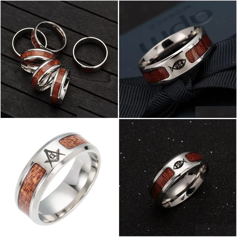 high quality 316 stainless steel ag emblem masonic rings wood inlay free mason freemason jewelry items 8mm width for men women