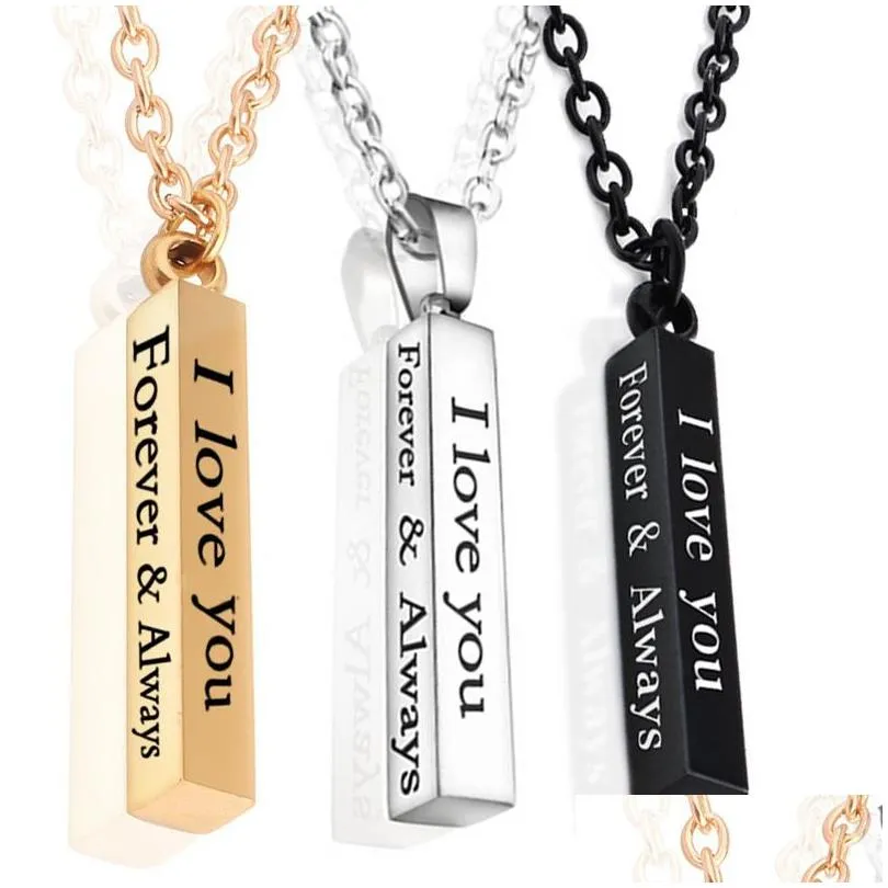 stainless steel couple lovers necklace pendant square men`s women`s lady`s silver black gold i love you forever and always wedding wishing charm jewelry with